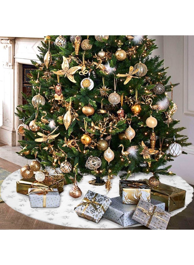 Chielor Christmas Tree Skirt, 48 Inches Large Snowy White Faux Fur Tree Skirt with Silver Snowy Pattern for Christmas Holiday Home Party Decorations Ornaments - Image 4