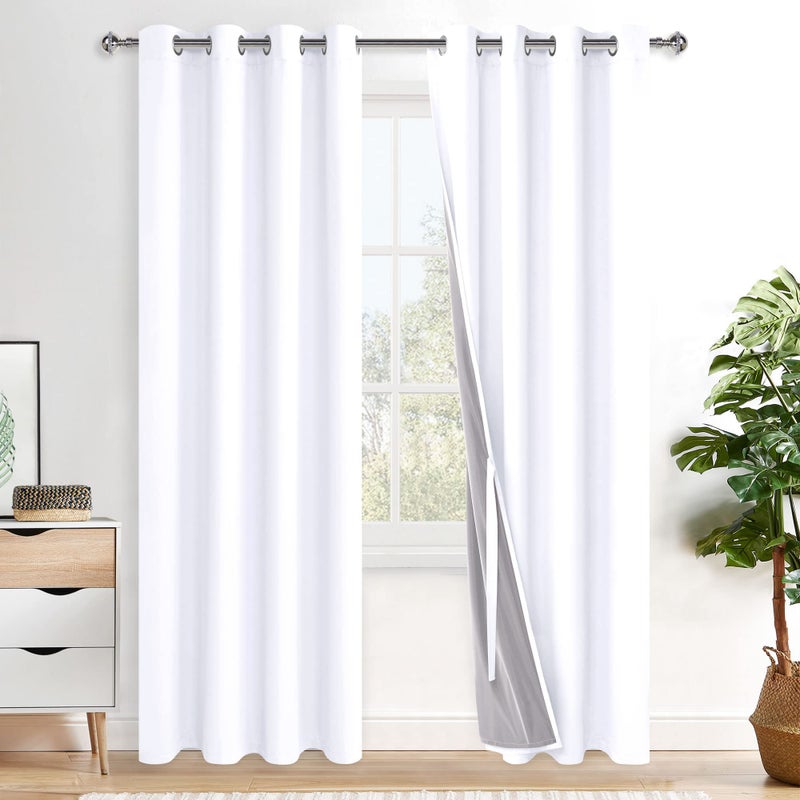 XWZO 100 Blackout Curtains 2 Panels with Tiebacks Heat and Full Light Blocking Window Treatment with Black Liner for BedroomNursery Grommet Top White W52 x L84 Inches Long Set of 2