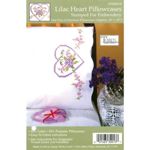 Tobin Stamped Pillowcase Pair Stamped Cross Stitch Kit for Embroidery, 20 by 30-Inch, Lilac Heart, Model: 232013 - Image 2