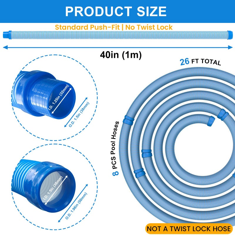Poolvio Pool Vacuum Hose 26 Feet (8 x 40 Inch), 1.5 Inch Cuffs, Compatible with Most Inground Automatic Cleaners - Image 3