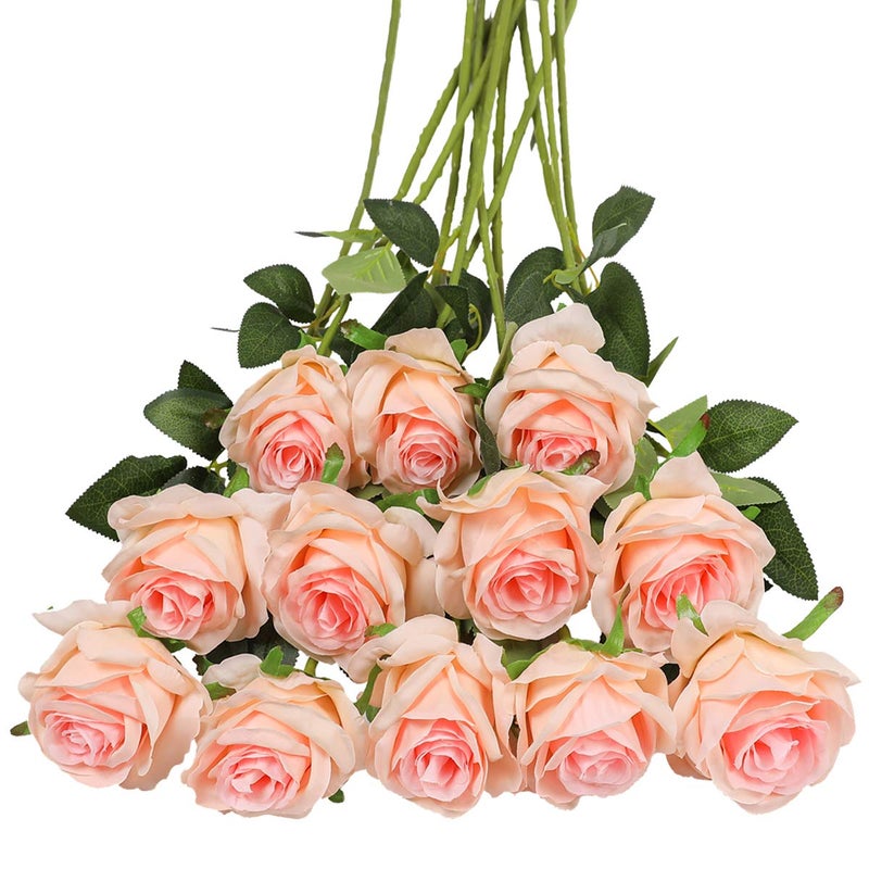 Tifuly 12 PCS Artificial Roses 1968 Single Long Stem Fake Rose Silk Bridal Wedding Bouquet Realistic Flower for Home Garden Party Hotel Office DecorBlossom RosesChampagne Pink