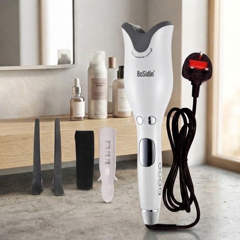 BoSidin Professional Automatic Hair Curler | Ceramic Rotating Curling Iron with Temperature Control, Digital Display & Auto Spin Chamber - White - Image 1
