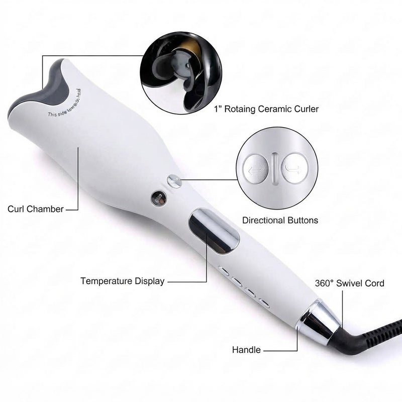 BoSidin Professional Automatic Hair Curler | Ceramic Rotating Curling Iron with Temperature Control, Digital Display & Auto Spin Chamber - White - Image 3