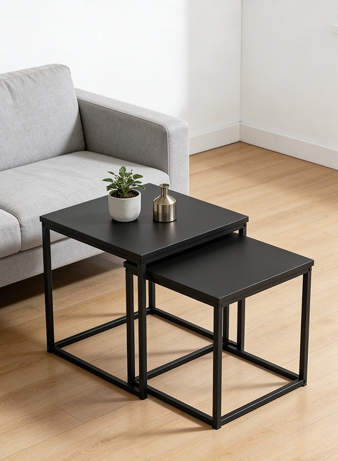 Migue home طقم من 2 طاولة قهوة مربعة متداخلة لغرفة المعيشة، طاولة جانبية، تجميع سهل، لون أسود - Image 1