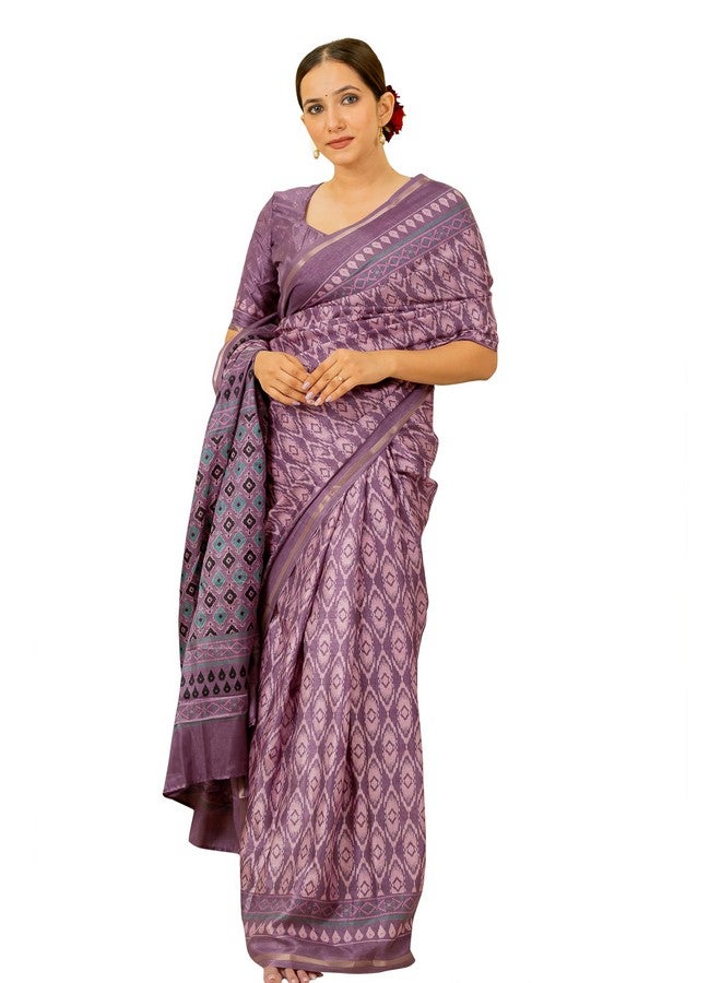 MIRCHI FASHION MIRCHI FASHION Women's Silk Blend Ikkat Printed Saree with Blouse Piece (42099-Dusty Lavender, Light Pink) - Image 1