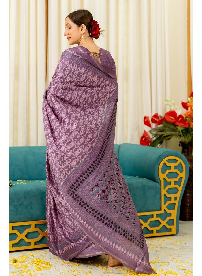 MIRCHI FASHION MIRCHI FASHION Women's Silk Blend Ikkat Printed Saree with Blouse Piece (42099-Dusty Lavender, Light Pink) - Image 4