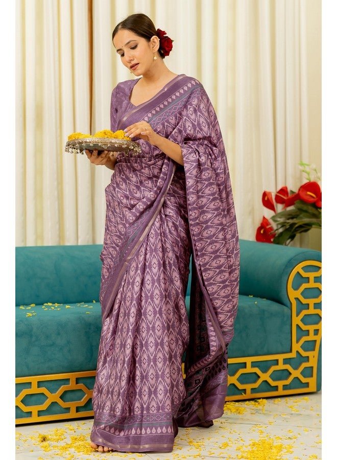 MIRCHI FASHION MIRCHI FASHION Women's Silk Blend Ikkat Printed Saree with Blouse Piece (42099-Dusty Lavender, Light Pink) - Image 2