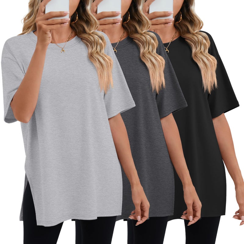 Huukeay 3 Pack Womens Oversized Gym T Shirts Cotton Short Sleeve Side Split Crewneck Tops Casual Workout Baggy Basic TeeBlack Charcoal Gray GrayLarge