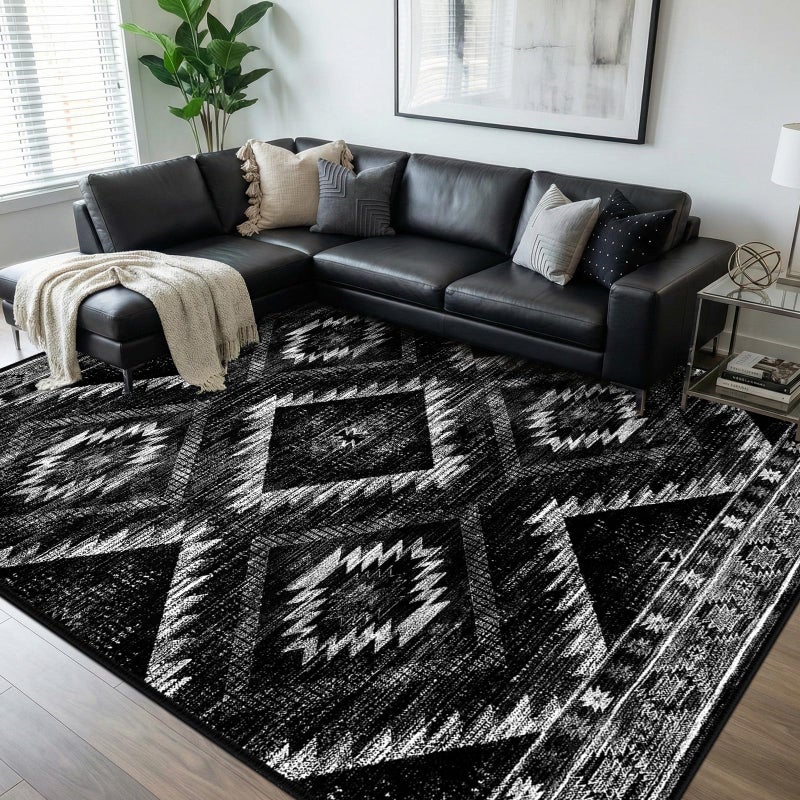 BESTSWEETIE Area Rug 8x10 Rug Machine Washable Non-Slip Low Pile Print Pattern Western Rug for Living Room Bedroom Entryway Tribal Series -Black - Image 1