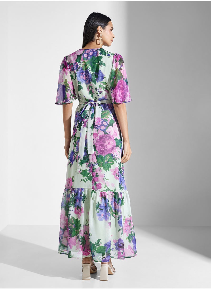 Hope & Ivy - Flutter Sleeve Wrap Dress With Tie Waist - Image 1