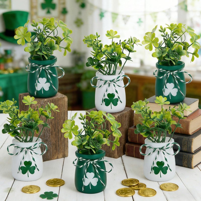 Iceyyyy 6 Pcs St.Patrick's Day Mini Shamrock Jars, Saint Patricks Day Mini Shamrock Vase with Fake Clover, St Patricks Day Centerpieces for Irish Holiday Home Party Supplies - Image 1
