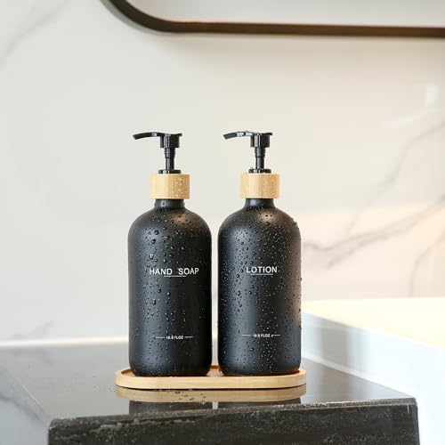 BONLONG Black Soap Dispenser Bathroom Set, Bamboo Pumps & Tray, Hand Soap, and Lotion Dispenser Set Suitable for Bathroom Counter Decor. (Black) - Image 2