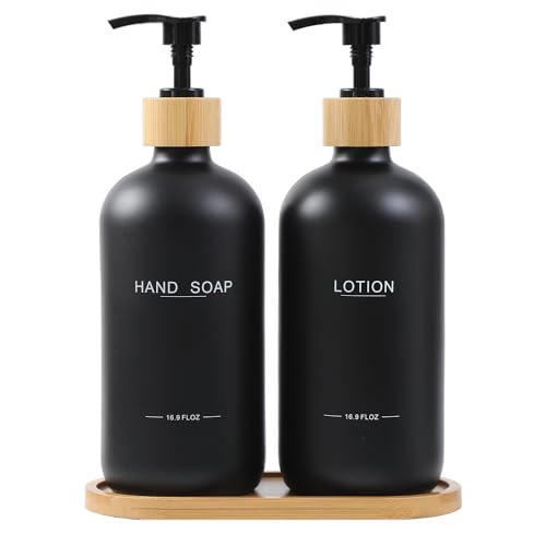 BONLONG Black Soap Dispenser Bathroom Set, Bamboo Pumps & Tray, Hand Soap, and Lotion Dispenser Set Suitable for Bathroom Counter Decor. (Black) - Image 1