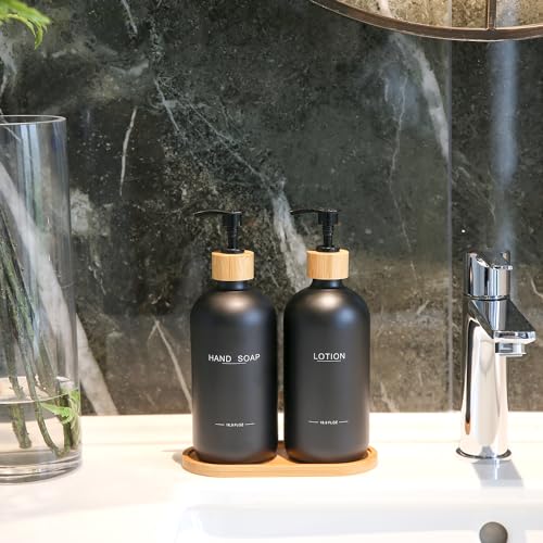 BONLONG Black Soap Dispenser Bathroom Set, Bamboo Pumps & Tray, Hand Soap, and Lotion Dispenser Set Suitable for Bathroom Counter Decor. (Black) - Image 4