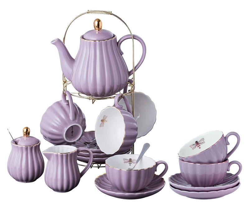 Jusalpha Serve for 6- Fine China Pink Coffee Cup/Teacup Set, 8 OZ Cups& Saucer, with Teapot-Sugar Bowl-Cream Pitcher Teaspoons and tea strainer for Tea/Coffee (Lavender, Serve of 6) - Image 1
