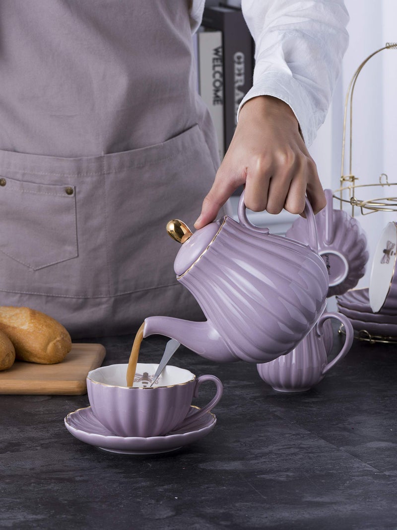 Jusalpha Serve for 6- Fine China Pink Coffee Cup/Teacup Set, 8 OZ Cups& Saucer, with Teapot-Sugar Bowl-Cream Pitcher Teaspoons and tea strainer for Tea/Coffee (Lavender, Serve of 6) - Image 2