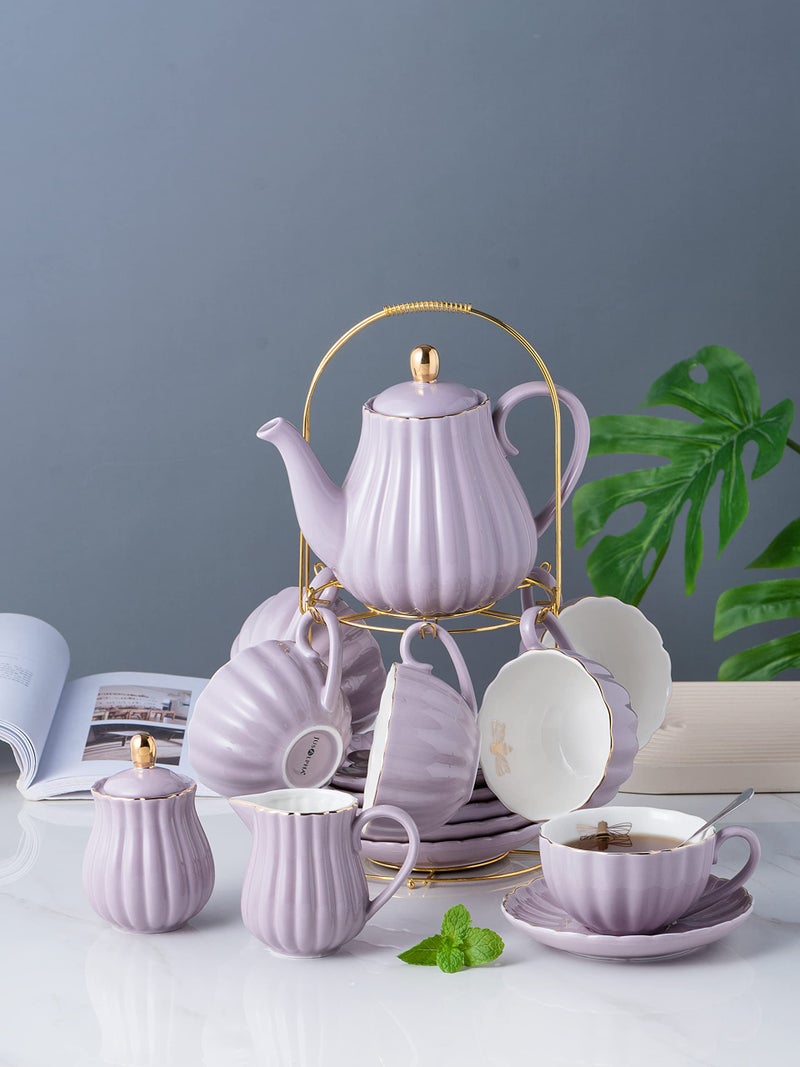 Jusalpha Serve for 6- Fine China Pink Coffee Cup/Teacup Set, 8 OZ Cups& Saucer, with Teapot-Sugar Bowl-Cream Pitcher Teaspoons and tea strainer for Tea/Coffee (Lavender, Serve of 6) - Image 5