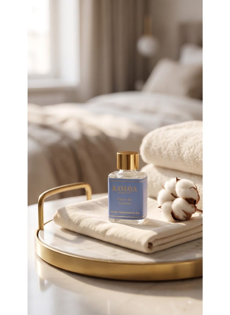 KAMAYA IRIS Collection Fleur De Cotton Essential Oil in long lasting fragrance 30ml | clear bottle with gold lid - Image 1