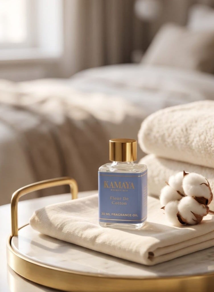 KAMAYA IRIS Collection Fleur De Cotton Essential Oil in long lasting fragrance 30ml | clear bottle with gold lid - Image 1