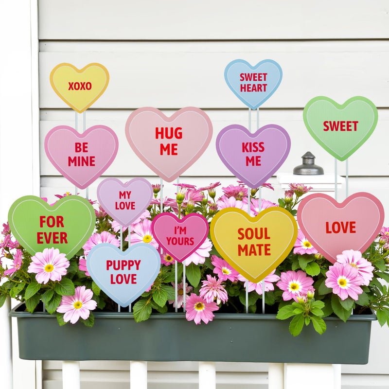 Iceyyyy 12Pcs Valentine's Day Conversation Planter Stakes, Mix Size Candy Heart Planter Stakes, Decorative Valentines Garden Planter Stake Sign for Home Anniversary Party Outdoor Lawn Decor - Image 1