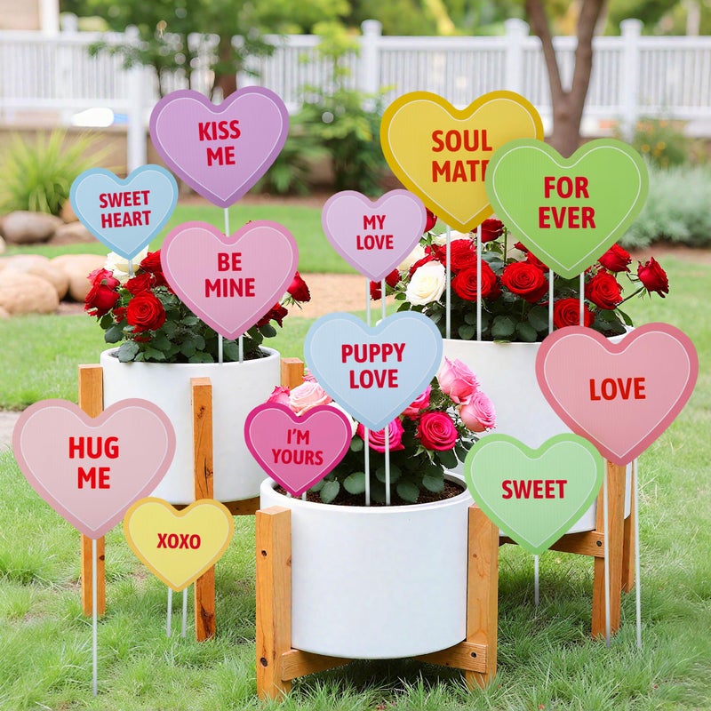 Iceyyyy 12Pcs Valentine's Day Conversation Planter Stakes, Mix Size Candy Heart Planter Stakes, Decorative Valentines Garden Planter Stake Sign for Home Anniversary Party Outdoor Lawn Decor - Image 4