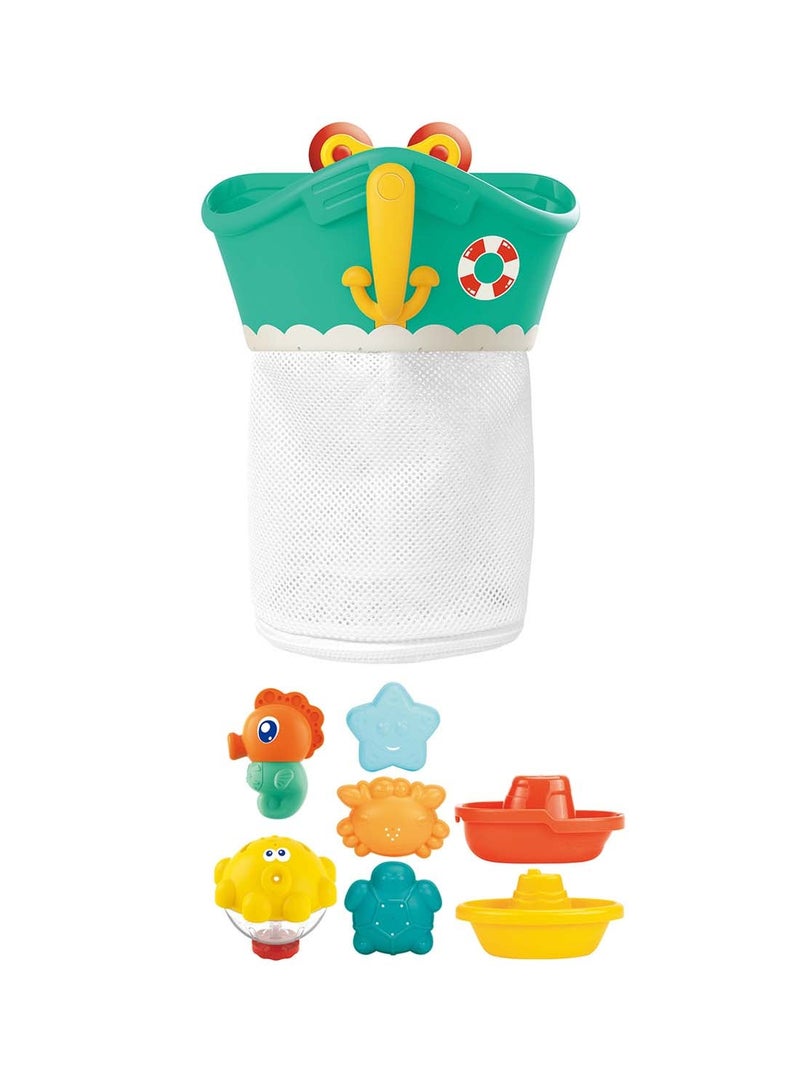 Baby Bath Toy Set with Boat-Shaped Mesh Organizer, Includes 8 Water Toys (Sea Animals, Boats, Floating Toys), Quick-Drying Mesh Bag for Bathtub & Pool Play