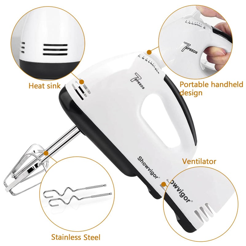Showvigor Electric Hand mixer - 7 Adjustable Speed 180W Handheld Mixer Electric Whisk with 5 Stainless Steel Accessories, Turbo Boost/Self-Control Speed + Eject Button Food Beater for Cakes Eggs, Off-white - Image 3