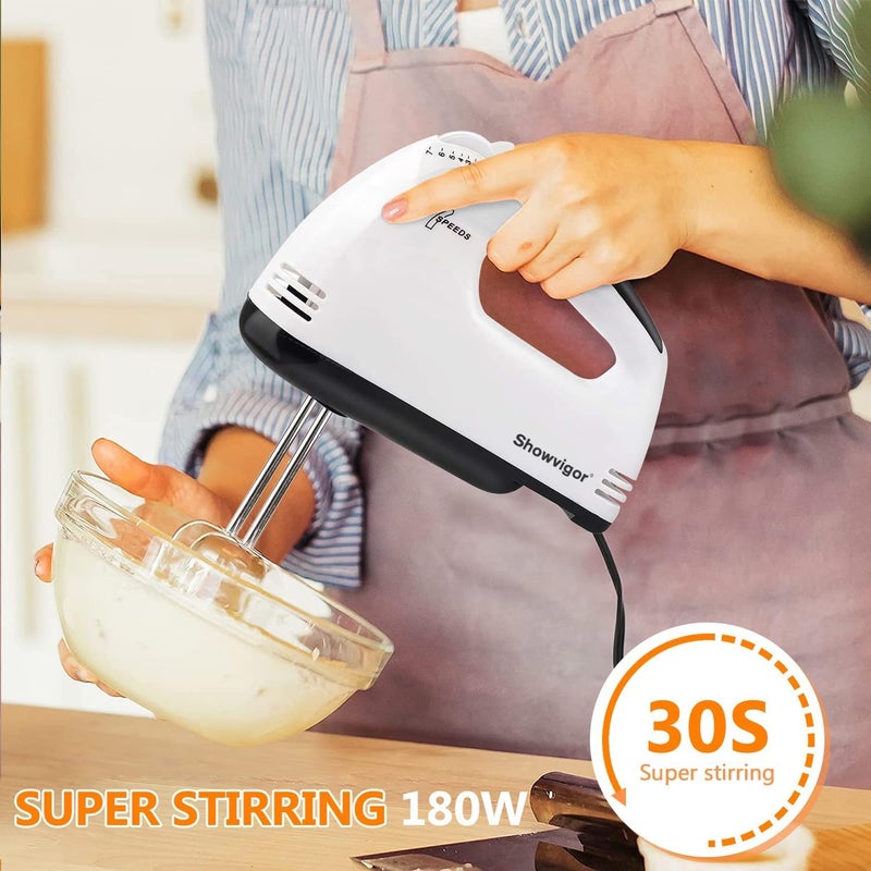 Showvigor Electric Hand mixer - 7 Adjustable Speed 180W Handheld Mixer Electric Whisk with 5 Stainless Steel Accessories, Turbo Boost/Self-Control Speed + Eject Button Food Beater for Cakes Eggs, Off-white - Image 2