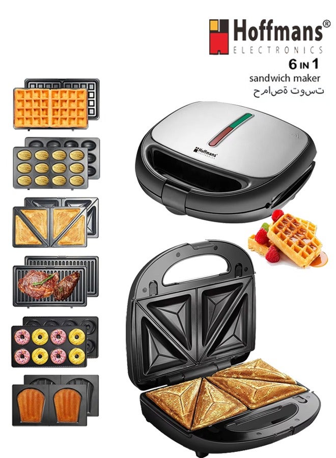 Hoffman's Appliance صانع إفطار كهربائي 6 في 1 ، صانع وافل ، صانع شواية بانيني ، صانع دونات ، صانع شطائر ، كريب ، عجة ، صانع جوز ، وجبات خفيفة وحلويات ، مع أطباق قابلة للفصل ، 1000 واط HM-3013 - Image 1
