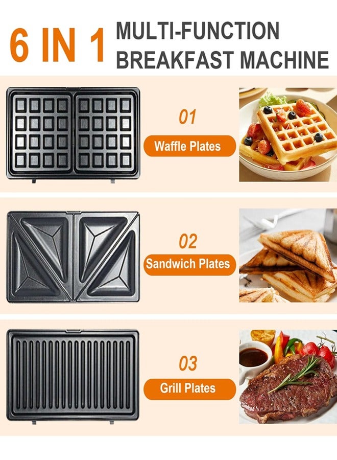 Hoffman's Appliance صانع إفطار كهربائي 6 في 1 ، صانع وافل ، صانع شواية بانيني ، صانع دونات ، صانع شطائر ، كريب ، عجة ، صانع جوز ، وجبات خفيفة وحلويات ، مع أطباق قابلة للفصل ، 1000 واط HM-3013 - Image 2