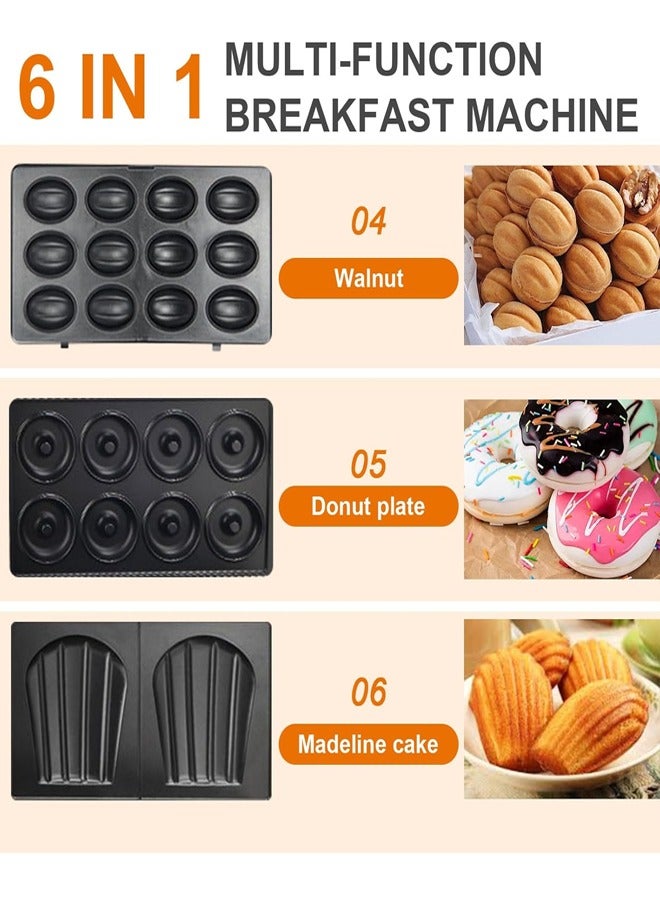 Hoffman's Appliance صانع إفطار كهربائي 6 في 1 ، صانع وافل ، صانع شواية بانيني ، صانع دونات ، صانع شطائر ، كريب ، عجة ، صانع جوز ، وجبات خفيفة وحلويات ، مع أطباق قابلة للفصل ، 1000 واط HM-3013 - Image 3