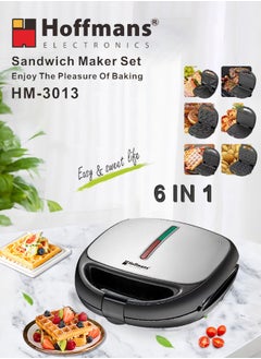 Hoffmans 6 In 1 Electric Breakfast Maker,Waffle Maker,Panini Press Grill Maker,Donut Maker,Sandwich Maker,Crepe,Omelette,Nut Maker,Snacks And Desserts,with Detachable Plates,1000W HM-3013  - Image 1