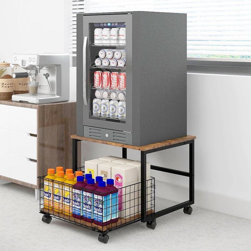 INDIDECOR Indian Decor 58143 Space Saving Mobile Mini Fridge Stand with Large Capacity Storage Portable Refrigerator Table with 4 Lockable Wheels Appliance Platform Table with Drawer Basket Rolling Fridge Cart 