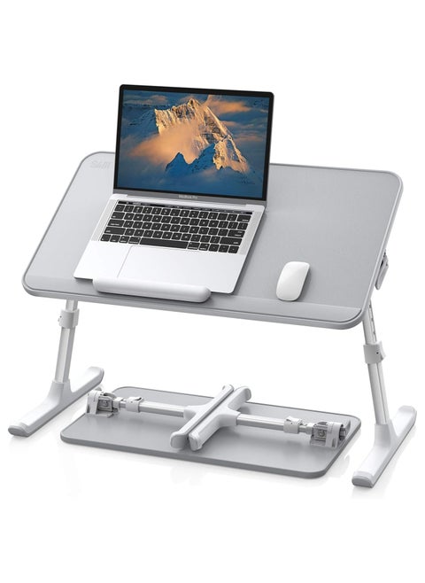 Saiji Leather Laptop Bed Table, Adjustable Laptop Stand, Portable Laptop Desk with Foldable Legs and Removable Bumper, Notebook Desk, Reading Table, Breakfast Table for Sofa (Medium, Grey)