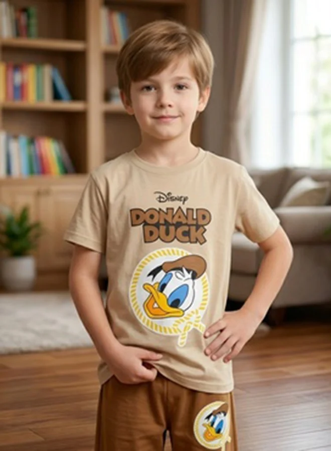 HAWRAA ABAYA Kids' Donald Duck Pajama Set in Beige and Brown – Donald Duck Cartoon T-Shirt and Shorts, Comfortable for Everyday Wear