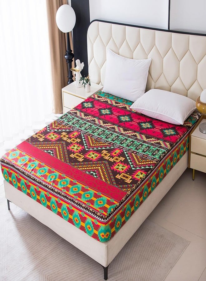 NATURETY Bohemian Style Bedding Fitted Sheet with Deep Pocket,Red Colorful Boho Pattern Printed Fabric Bed Sheets (Multicolor, Queen) - Image 1