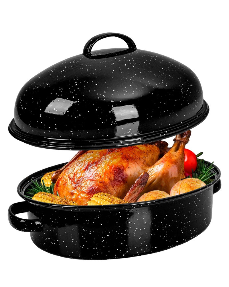 MCCSI Roasting Pan with Lid & Rack 18 Inch Extra Large Deep Oven Baking Pot, Enamel Granite NonStick Oval Carbon Steel Pot for Turkey Chicken Ham Steak NonToxic for Valentine's Day Gift Roaster Pan - Image 1