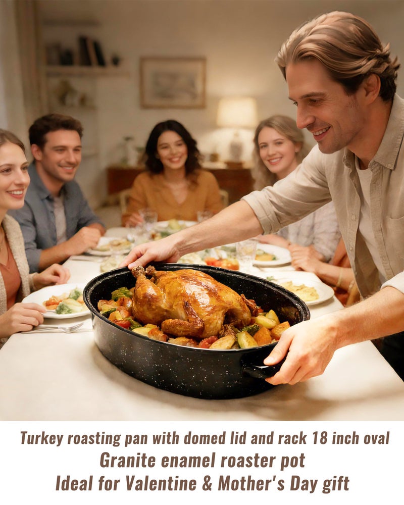MCCSI Roasting Pan with Lid & Rack 18 Inch Extra Large Deep Oven Baking Pot, Enamel Granite NonStick Oval Carbon Steel Pot for Turkey Chicken Ham Steak NonToxic for Valentine's Day Gift Roaster Pan - Image 4