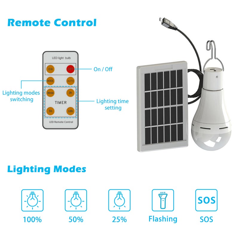 9W / 7W Portable LED Solar Powered Camping Light Bulb Remote Controlled Waterproof Outdoor Hanging Tent Lantern USB Solar Panel Charging Light for Camping Hiking Mountaineering - Image 2