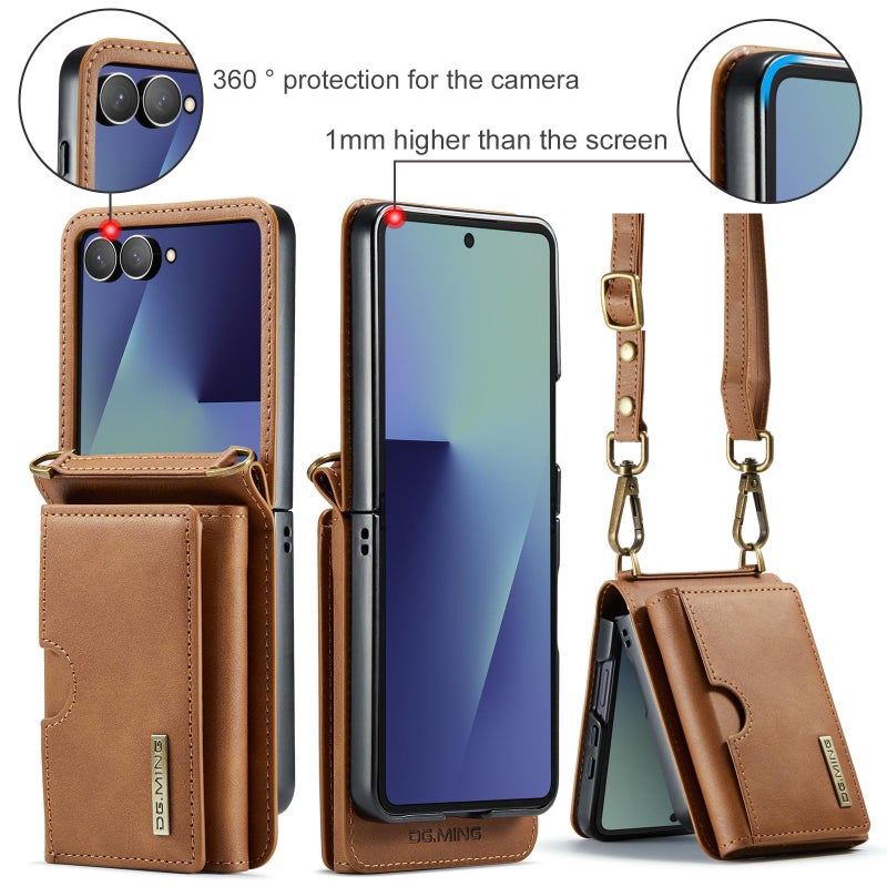 Dg Ming For Samsung Galaxy Z Flip7 5G M6 Series Rfid Tri-Fold Card Bag Removable Leather Phone Case With Long Lanyard(Brown) - Image 3