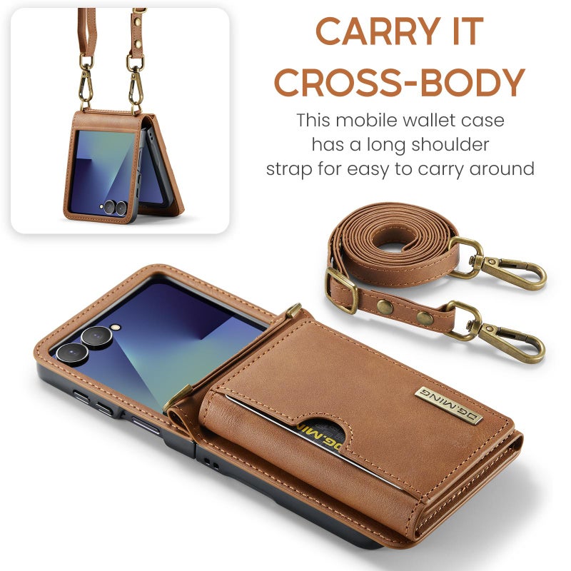 Dg Ming For Samsung Galaxy Z Flip7 5G M6 Series Rfid Tri-Fold Card Bag Removable Leather Phone Case With Long Lanyard(Brown) - Image 5