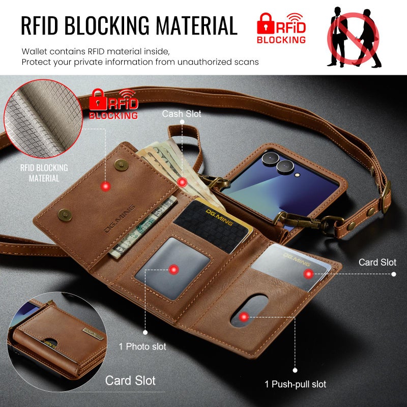 Dg Ming For Samsung Galaxy Z Flip7 5G M6 Series Rfid Tri-Fold Card Bag Removable Leather Phone Case With Long Lanyard(Brown) - Image 4