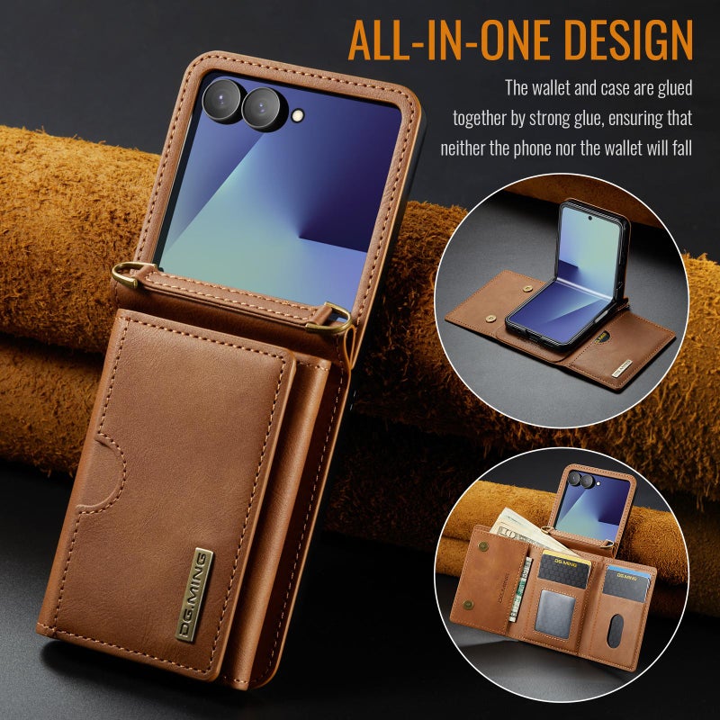 Dg Ming For Samsung Galaxy Z Flip7 5G M6 Series Rfid Tri-Fold Card Bag Removable Leather Phone Case With Long Lanyard(Brown) - Image 2