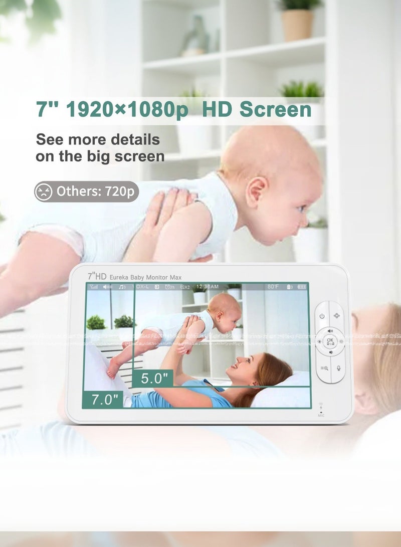 Eureka Baby 7.0" Baby Monitor with Camera and Night Vision, 4000mAh Battery, 1920P HD, 355° PTZ, Temp Alert, Motion& Cry Detection, 2-Way Audio, VOX Mode, No Wifi with 1000ft Range, Lullabies - Image 2