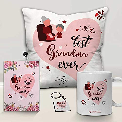 Jhingalala Jhingalala Gift for Grandmother Best Grandma Ever Printed Cushion Filler Mug Key Chain Greeting Card Combo Gifts for Grandmother Grandma on Birthday Grandparents Day - Image 2