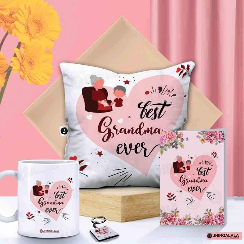 Jhingalala Jhingalala Gift for Grandmother Best Grandma Ever Printed Cushion Filler Mug Key Chain Greeting Card Combo Gifts for Grandmother Grandma on Birthday Grandparents Day - Image 1