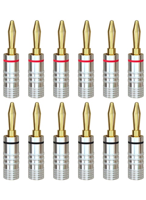 Banana Plugs 6 Pairs / 12 PCS Screw 24K Gold-Plated Banana Speaker Plug Connectors for Speaker Cables, Wall Plates, Home Theaters, Audio/Video Receivers, Amplifiers and Sound Systems