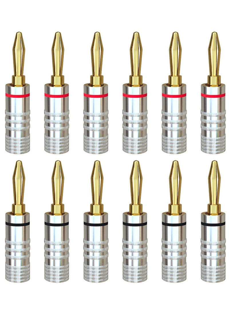 Banana Plugs 6 Pairs / 12 PCS Screw 24K Gold-Plated Banana Speaker Plug Connectors for Speaker Cables, Wall Plates, Home Theaters, Audio/Video Receivers, Amplifiers and Sound Systems