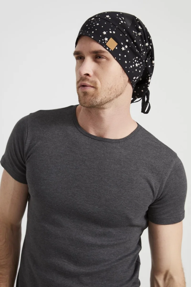 بوتيكجيز Men's Black and White Star Patterned Yarn 4 Season Hat Beanie Buff Ultra Soft Combed Cotton