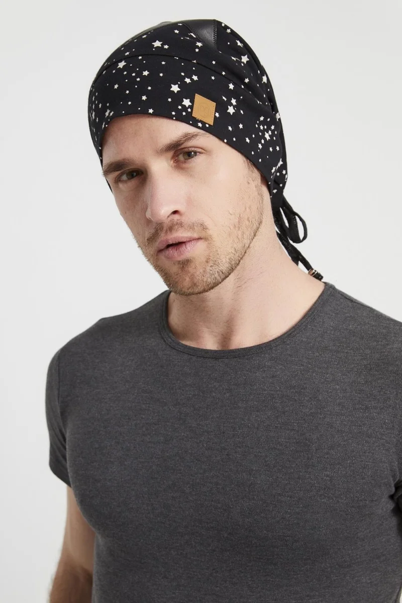 بوتيكجيز Men's Black and White Star Patterned Yarn 4 Season Hat Beanie Buff Ultra Soft Combed Cotton